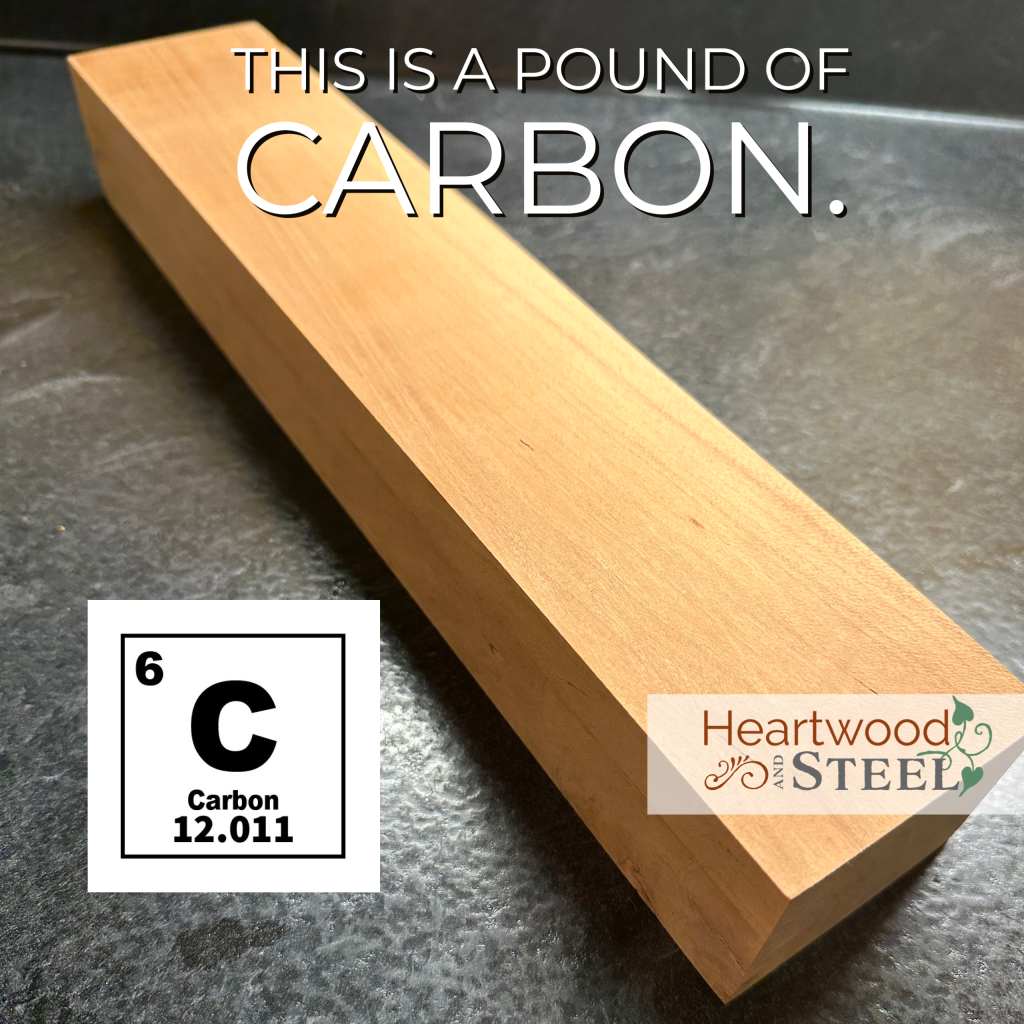 Photo shows a block of wood and the chemical symbol for carbon.